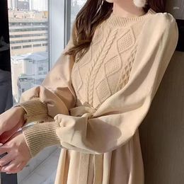 Casual Dresses Knit Dress Women Screw Thread Lantern Sleeve Round Neck Long Solid Midi Waist Lace Up Skirts A Line Winter 2024