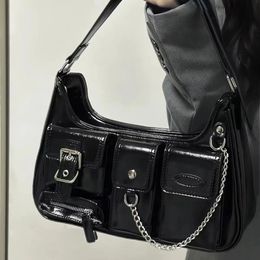 Y2k Moto Biker Handbags for Women Gothic Fashion High Street Shoulder Bag Black Patent Leather Casual Coin Purse 240226