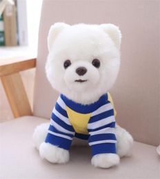 Adorable Dog Plush Toy Pure White Blue Stripe Tshirt Dressed Pomeranian Doggy Stuffed Animal Pets 25cm Little Kids Gift 2107282000333