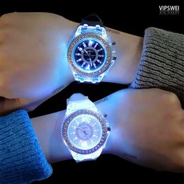 Luminous diamond watch USA fashion trend men woman watches lover Colour LED light jelly Silicone Geneva Transparent student wristwa2334