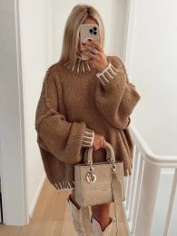 Pullovers Line Patchwork Turtleneck Sweater For Women Fashion Oversize Long Sleeve Knitwear Tops 2023 Autumn Winter Chic Lady Pullover