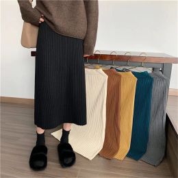 Skirt Vintage Women thick sweater skirt Elastic High Waist Pleated Midi knitted Skirt Pencil female solid elegant Skirts Spring summer