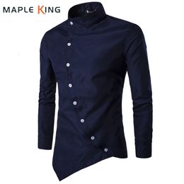 Mens Dress Shirts Vintage Clothes Personality Oblique Button Irregular Long Sleeve Business Shirt Male Casual Slim Blusas Tops 240301