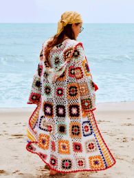 Cardigans GypsyLady Vintage Handmade Kintted Sweater Cardigan Multicolor Crochet Hooded Women Winter Cardigan Long Sweater Outerwear Coat