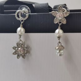 Luxury designer Dangle Chandelier Silver Diamond Pearl flower pendant Earrings Women's wedding party gift Jewellery