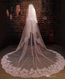 In Stock Bridal Veils Cathedral Length Wedding Veils Promotion With Combs Two Layers Veils Beautiful Lace Appliques Top Accessorie4125518