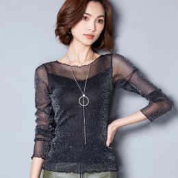 Blouse 2023 Glitter Mesh Blouse Sexy Womens Shirts Long Sleeve Tops Korean Black Pink ONeck Elegant Slim Blouse Camisas Femininas