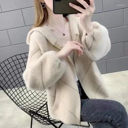 Women's Knits 2024 Autumn Winter Cardigan Sweater Women Long-Sleeve Tops Imitation Mink Velvet Coat Short Hooded Femme Loose Jacket