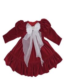 Girls Christmas Party Dress Children Beaded Gauze Bow Puff Sleeve Velvet Dress Kids Thicken Warm Red Princess Dress Girls Xmas Clo5210704