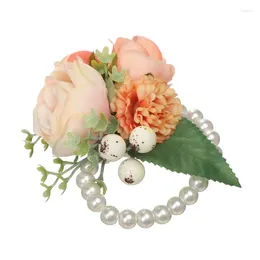 Charm Bracelets Wedding Wrist Flower With Pearl Chain Artificial Rose Hand For Dancing Party Decor Brides Bridesmaid