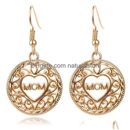 Dangle & Chandelier Hollow Love Heart Dangle Earrings Mom Letter Drop Gold Ear Hook For Women Mama Mothers Day Gift Fashion Jewellery I Dh35P