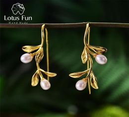 Lotus Fun Real 925 Sterling Silver Natural Pearl Earrings Fine Jewelry Waterdrops from the Olive Leaves Drop for Women 2106249857513