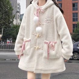 Blends LOliBook Woollen Coat Women Winter Cardigan Hooded Cute Kawaii Pink Lolita Coats Female Lamb Cotton Padded Embroidered Jacket