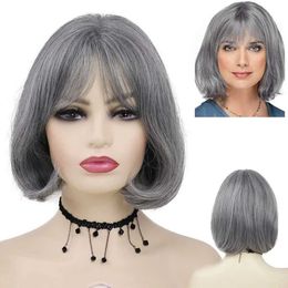 Hair Wigs Synthetic Short Bob with Bangs for Women Grey Straight Wig Grandma Old Lady Cosplay Halloween Costume 240306