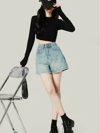 Women's Shorts Denim Washed Cotton Spring And Summer High Waist Design Sense Loose All-Match Slimming A- Line Blue Wide Leg