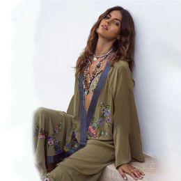 Dress Vestidos Boho Hippie Chic Vintage Floral Embroidery Cardigan Beach Trip 2019 Kimono Pareo Long Sleeve Cape Cover Maxi Dress