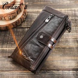 Money Clips Contacts Free Engraving Genuine Leather Wallet Men Zipper Cacity Male Long Money wallet Phone Pocket Card Holder New Portfel L240306