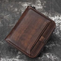 Money Clips Vintage Wallet man short top layer cowhide money coin wallet Mens retro wallet vertical zipper casual small wallet L240306