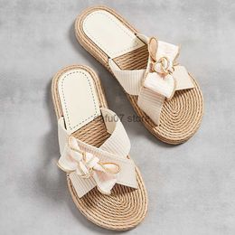 Slippers New Summer One line Womens with Linen Bottom Solid Color Fashion Trend Indoor and Outdoor Golden Edge BowH240306