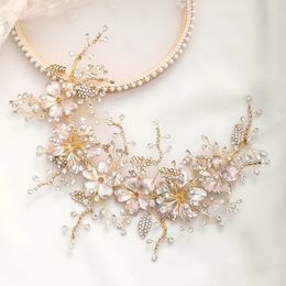 Gold Colour Crystal Flower Headband Hairband Tiara For Women Bride Rhinestone Bridal Wedding Hair Accessories Jewellery 240306