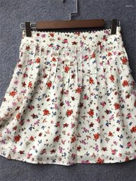 Sweet Skirts Silk Floral Print Mini Skirt For Women Spring Summer High Waist Ladies A-Line Pleated Short Jupes