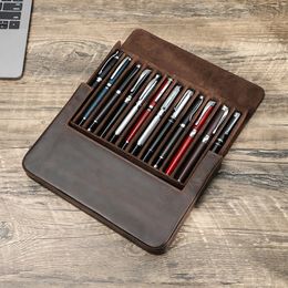 Luxury Genuine Leather 12 Slots Fountain Pen Case Box Office School Stationery Pen Storage Pouch Holder with Removable Pen Tray 240222