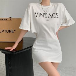 Dress White Oneck Shortsleeve Summer Dresses Sexy Hollow Letter Print Mini Dress for Women Buttock Zipper Korean Fashion Slim Dress