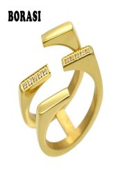 Wedding Rings Gold Color Unique Geometric Design CZ Ring Female Stainless Steel Paved Austrian Crystal Fashion Women Jewelry Gift7374004