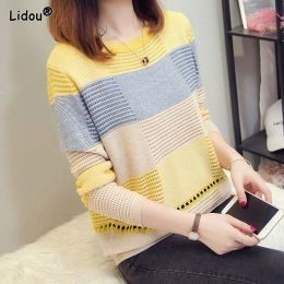 Pullovers Vintage Patchwork Spring Summer Thin Sweaters Hollow Out Slight Strech ONeck Pullovers Loose Leisure Women's Clothing Creative