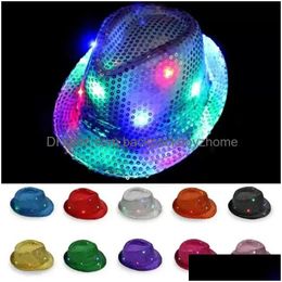 Party Hats Led Jazz Party Hats Flashing Light Up Fedora Trilby Sequins Caps Fancy Dress Dance Uni Hip Hop Lamp Luminous Hat Fy3870 Dro Dhxc7