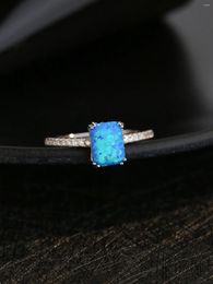 Cluster Rings Simple Design Pure 925 Silver Women's Ring Inlaid With A Row Of Zircon And Blue Opal Delicate Elegant Style