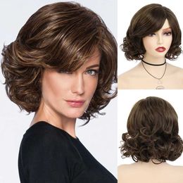 Hair Wigs Synthetic Women s Short Curly Wig with Bangs Natural Dark Brown Bob Fluffy Elegant Daily Cosplay Mommy 240306