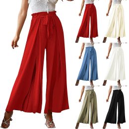 Capris Summer Flowy Wide Leg Pants Women High Waisted Casual Beach Pants Drawstring Elastic Waist Baggy Trousers Pantalones De Mujer