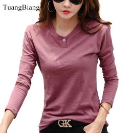 T-Shirts 2023 Long Sleeve Spring Women Slub Cotton T Shirts Female Button Green VNeck Solid Color Tshirt Coffee Korean Soft Loose Tops