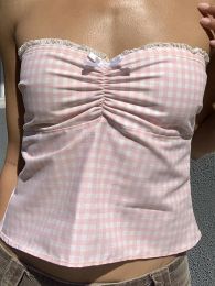 Camis Cute Girls Pink White Plaid Tube Tops Folds Chest Wrap Strapless Camisole Fairycore Y2K Lace Trim Crop Tops Backless Tie Up Vest