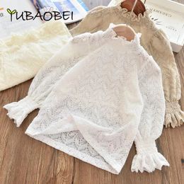 Girls White Long Sleeved Bottoming Tshirt Spring Childrens Lace Highneck Blouse Top Autumn Clothing 240220