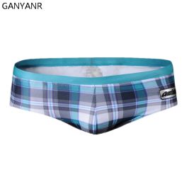 Swimwear GANYANR Brand Swimming Trunks Swimwear Men Sunga Swimsuit Bikini Gay Sexy Swim Shorts Plaid Briefs Low Waist Bulge Pouch 2017