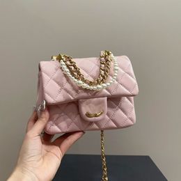 17CM Pearl Chain Flap Women Shoulder Bag Leather Designer Wallet Gold Hardware Luxury Handbag Evening Clutch Street Casual Bag Underarm Fanny Pack Key Pouch Sacoche
