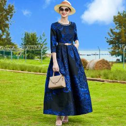 Dress Spring Summer Jacquard Dress Beading Diamonds Three Quarter Dress for Women Party Evening Clothing Ball Gown Birthday Navy Dress