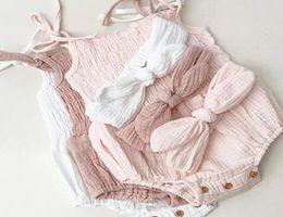 Summer New Toddler Baby Cotton Linen Bodysuits Kids Sleeveless Strap JumpsuitsHeadband 2Pcs Outfits Beachwear A58699738534
