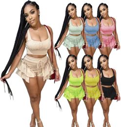 Trendy Women Summer Clothing Two pcs Tracksuits Tank tops Shorts Fashion Club Party Outfits Solid Jogging Suits Folds Camisole You1378259