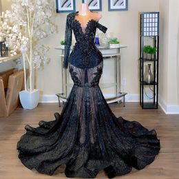 2024 Plus Size Aso Ebi Black Prom Dresses Mermaid Evening Gowns One Shoulder Long Sleeves Illusion Formal Dress Beaded Birthday Dress for Black Women Girls NL611