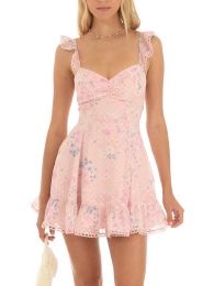 Dress Women Sleeveless ALine Dress Ruffled Floral Print Backless Mini Party Pink Dress for Cocktail Beach Club Summer Streetwear