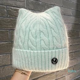 Beanie/Skull Caps Cute Cat Ear Women Winter Hats Real Rabbit Fur Knitted Hat Letter Girl's Outdoor Walking Bonnet Thicken Warm Beanies