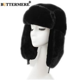 BUTTERMERE Fur Bomber Hat for Women Russian Ushanka Black Trapper Hat Female Warm Winter Ski Ears Gorros Mujer Invierno234Z