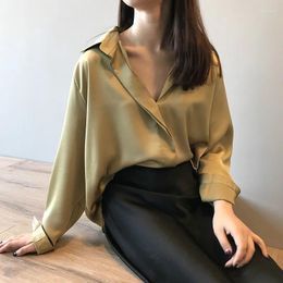 Women's Blouses Girls Office Wear Spring Satin Blouse Female Long Sleeve Shirt Loose Solid Color Thin Ladies Vintage Casual Women Tops