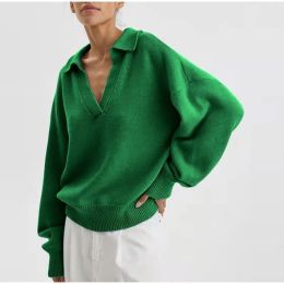 Pullovers Jocoo Jolee Green Chic Women Polo Collar Knitted Pullover Casual Oversize Female Sweater Solid Colour V Neck Jumper Streetwear