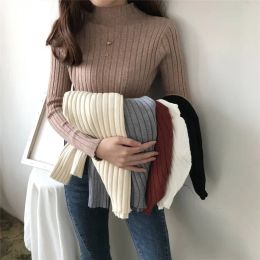 Pullovers Turtleneck Korean Style Fleece Elastic Tops & Tees Women's Slim Fit Sweater Underwear Solid Color Jumpers Woman Winter Clothing