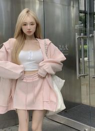 2023 fall Elegant Women girls Outwear Hooded Sweatshirt Mini Skirts 2 Piece Dress Set Outwear Pink Sport Set Y2k Korean kawaii 240304