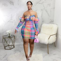 Casual Dresses Summer Sexy Off The Shoulder Plaid Dress Women Fashion Slash Neck Long-sleeved Slim Print Bodycon Mini